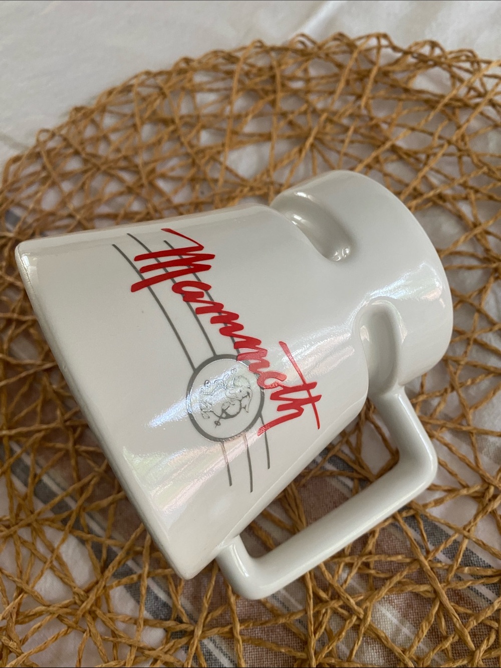 Vintage Hotjo Mammoth White Ceramic Mug with Elephant Skiing Logo